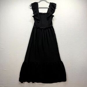 August Sky Fit & Flare Dress Womens Small Black Ruffle Cap Sleeve Smocked Bodice